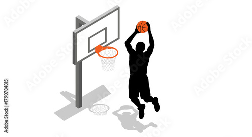 Dynamic basketball dunk silhouette in simple isometric style with basketball hoop and shadow