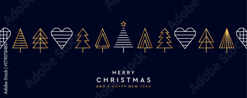 christmas greeting card with minimalistic fir tree seamless border vector illustration