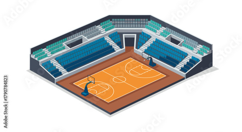 Isometric basketball arena with detailed seating and court design