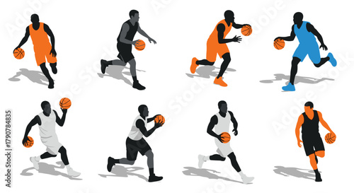 Dynamic basketball players in motion silhouettes with vibrant colors and shadows