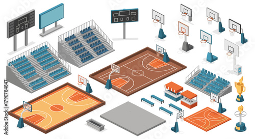 Isometric basketball court elements with hoops, benches, scoreboards, and trophies