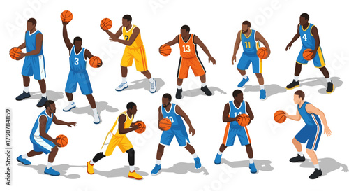 Diverse basketball players in dynamic action poses on white background