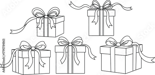 Five simple gift boxes with ribbons arranged on a white background design