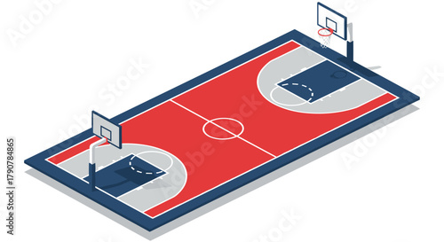 Isometric basketball court with hoops and shadows