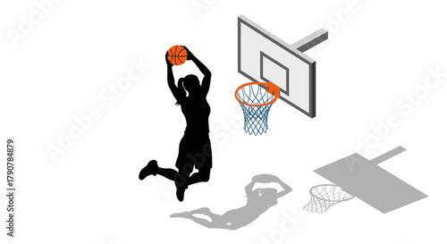 Isometric basketball player dunking silhouette with shadow and hoop
