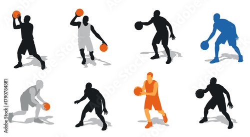 Dynamic basketball player silhouettes in action poses for sport designs