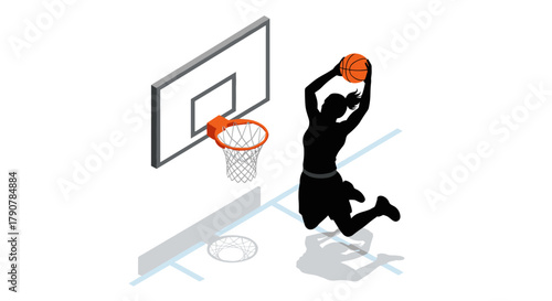 Basketball player dunking in isometric silhouette with shadow