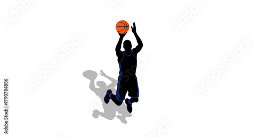 Dynamic silhouette of a basketball player jumping with ball in mid-air