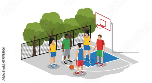 Teenagers playing basketball on outdoor court with hoop and trees in background