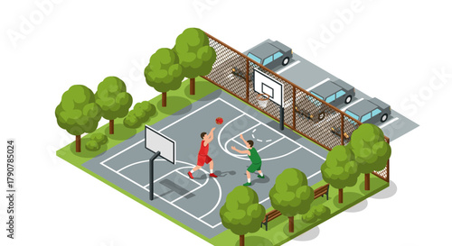Isometric basketball game on outdoor court with players and park environment