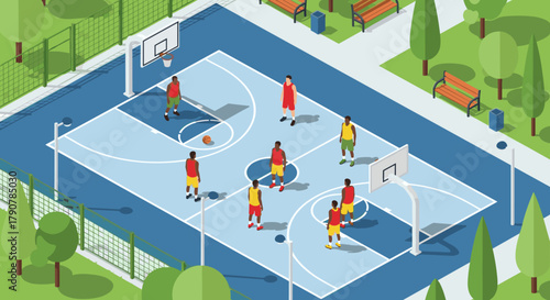Isometric basketball game in park setting with players engaged on outdoor court