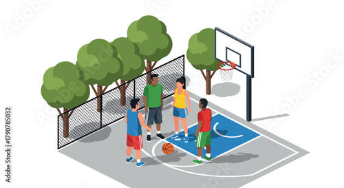 Isometric basketball game in urban park with diverse group playing outdoors