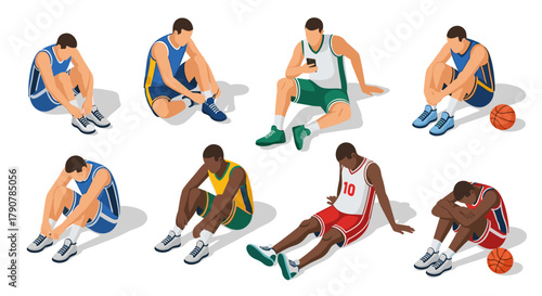 Isometric sad basketball players in various poses on white background
