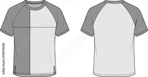 Color-blocked t-shirt sketch, seam detail, raglan sleeves, fashion flat, garment design, clothing template, apparel illustration, vector outline, modern style