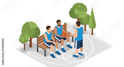 Isometric basketball court scene with players resting and conversing among trees