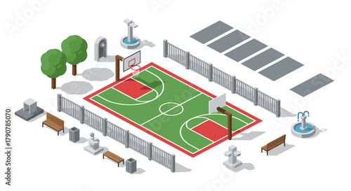 Isometric urban basketball court with fencing, benches, and greenery