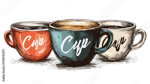 Stylish Set of Coffee Cups with Cup Design, Vector Illustration for Cafe Marketing