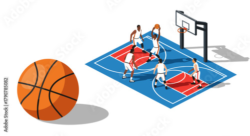 Isometric basketball game on court with five players and ball