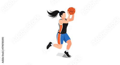 Female basketball player in dynamic action pose with ball on white background
