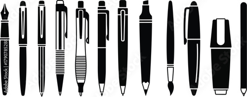 Set of pens vector. Fountain pen vector illustration icons silhouette 