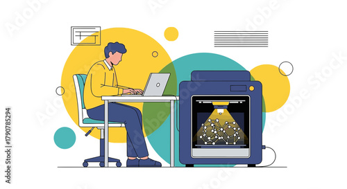 Illustration of a man using a laptop beside a 3D printer for prototyping innovation