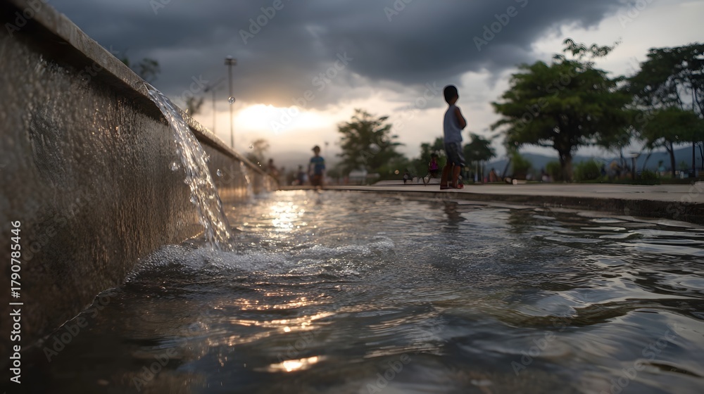 Obraz premium A water feature in a park with children playing in the background during a cloudy dusk