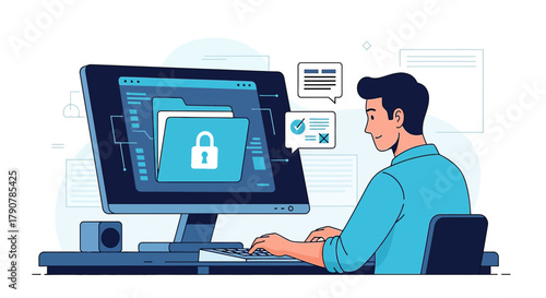 Illustration of a man working on a computer with secure data management features being displayed