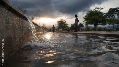 A water feature in a park with children playing in the background during a cloudy dusk