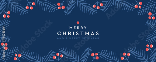 merry christmas card with fir twig and holly berry border decoration vector illustration
