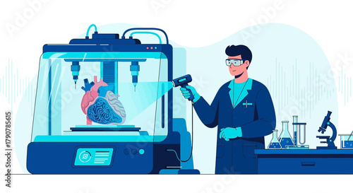 Illustration of a scientist 3D printing a heart for medical advancements in healthcare technology