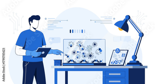 Illustration of a scientist analyzing molecular structures in a lab environment with tech elements