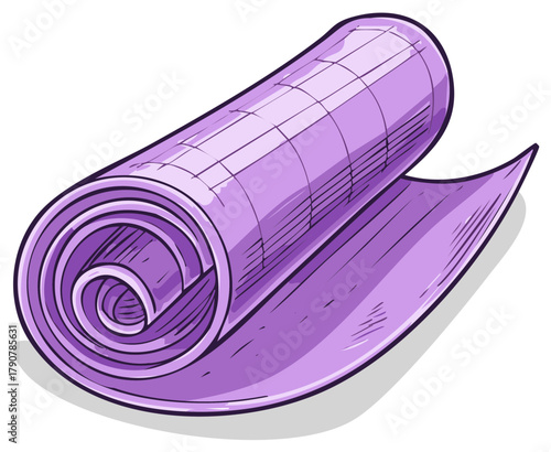 Rolled Exercise Mat Sketch in Purple Color Yoga Equipment for Fitness and Pilates Classes for a Healthy Lifestyle