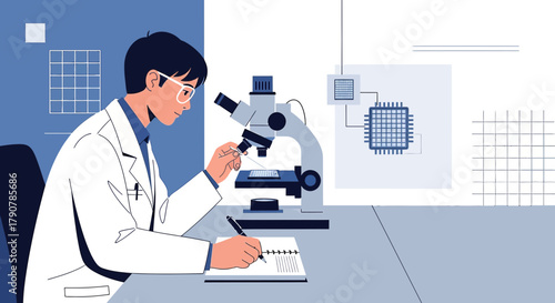 Illustration of a Scientist Analyzing Sample with Microscope in Lab Setting for Research and