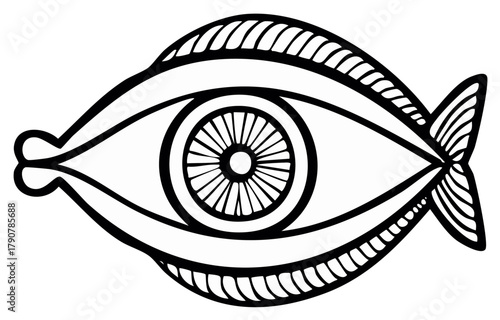 Symbolic stylized fish shaped eye drawing spiritual mystical vision concept design