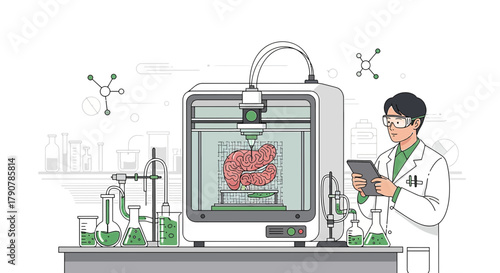 Illustration of a scientist using a 3D printer to create a human organ in a laboratory setting