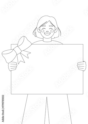 Vector line art of a smiling girl holding a large blank sign with ribbon bow—clean black-and-white outline with generous copy space. Ideal for posters, flyers, gift vouchers, sales announcements.