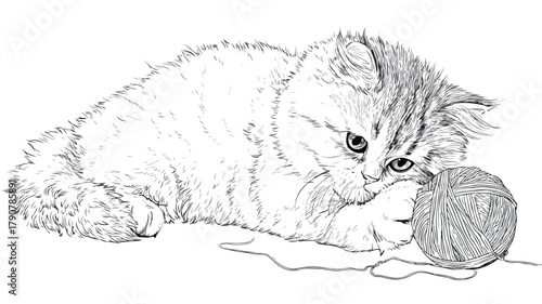 Cute Cat Playing with Wool Ball Coloring Page Vector Illustration