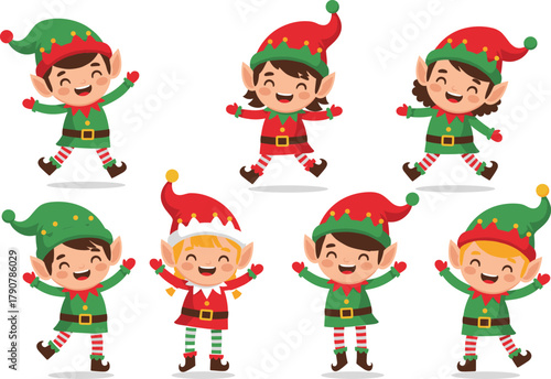 Cute Christmas elves characters, happy holiday helpers, cartoon Santa’s little assistants, festive children costumes, joyful winter celebration, vector illustration art