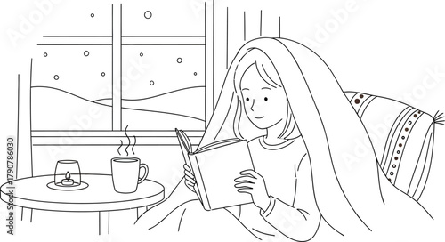 Woman reading a book under a blanket during a snowy day indoors by the window