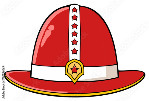 Vibrant red cartoon fireman helmet with white star stripe and golden badge an illustrated symbol of safety and emergency services