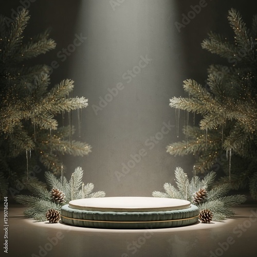 Minimalist and elegant Christmas scene in modern festive tones, featuring a round velvet-edged podium atop a smooth, flat surface. The foreground is tastefully decorated with bright green, fluffy spru