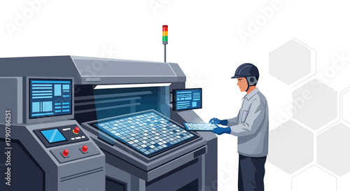 Illustration of a technician operating industrial machinery with advanced controls and interface