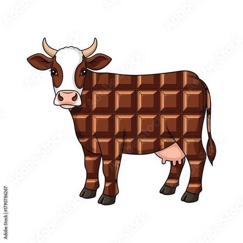Cartoon cow with body made of chocolate bar texture Keywords: cow, animal, chocolate, food