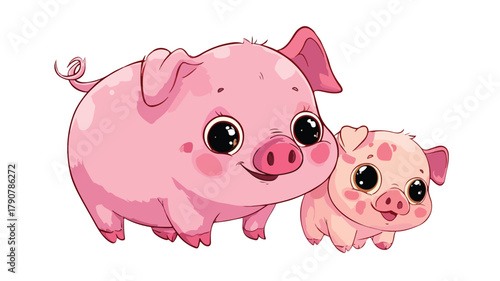 Adorable Cute Kawaii Pig and Baby Cartoon Character in Color