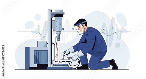 Illustration of a technician working with a laser cutting machine in a modern industrial setting