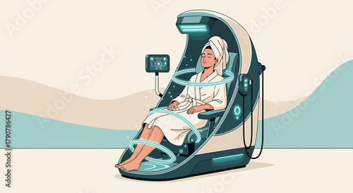 Illustration of a woman relaxing in futuristic spa capsule for wellness therapy and relaxation