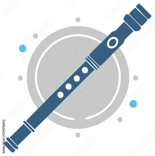 Stylized blue recorder musical instrument graphic illustration with abstract circular design
