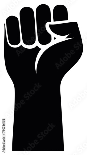 Black fist raised in protest or solidarity isolated against white background