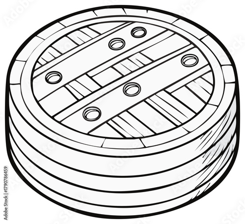 Detailed barrel illustration with perspective. Wood texture, circular shape.