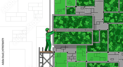 Illustration of a worker installing green panels on a wall for eco-friendly building design